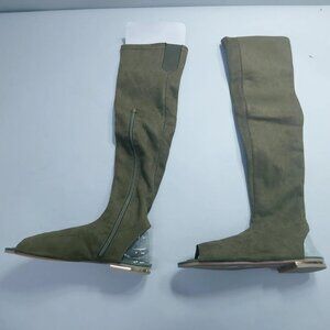 Bamboo Open Toe Open Heel Thigh High Flat Boots Women 6.5 Olive Green Faux Suede